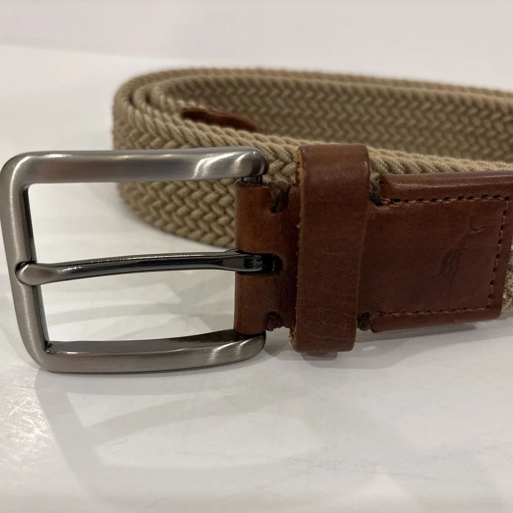 Tommy Bahama Woven Flex Belt Leather Khaki Men's L/XL 1-1/4